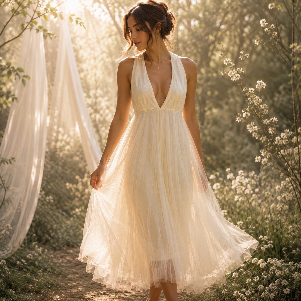 Mable Ivory Tulle Midi Dress Size M Deep V Tie Back Halter Empire Waist Ethereal
